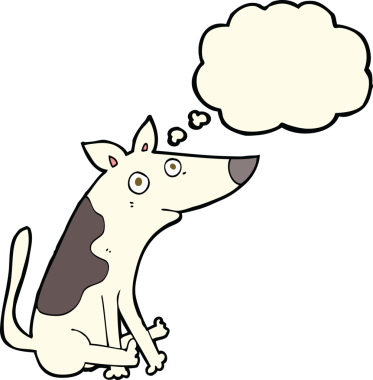 Bir insan tarafından çizilmiş düşünce baloncuklu çizgi film köpeği.