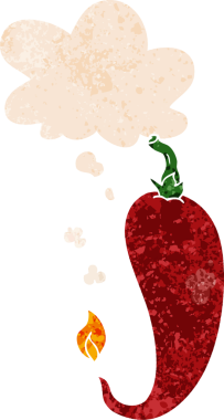 Düşünce baloncuklu çizgi film kırmızı biber grunge sıkıntılı retro desen tarzı bir insan tarafından çizilmiş