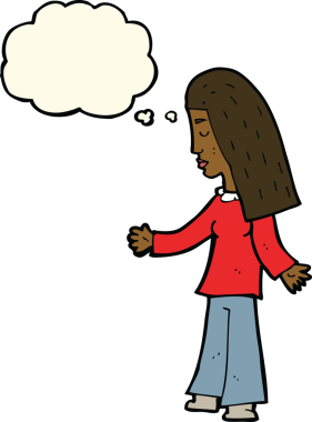 Bir insan tarafından çizilmiş düşünce balonlu açık kollu çizgi film kadını.