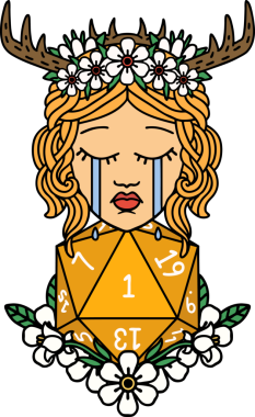 Retro Dövme Tarzı Ağlayan İnsan Druid Bir insan tarafından çizilmiş doğal bir D20 ruloyla