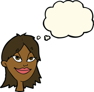 Bir insan tarafından çizilmiş düşünce balonlu mutlu kadın çizgi filmi.