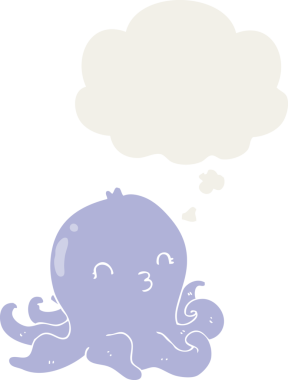 Düşünce baloncuğu olan ahtapot çizgi filmi insan tarafından çizilmiş.