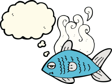 Bir insan tarafından çizilmiş düşünce baloncuklu komik balıklar.