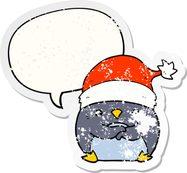 Bir insan tarafından çizilmiş, kederli, eski bir çıkartma olan, Noel şapkası takan sevimli penguen.