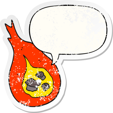 Konuşma baloncuklu çizgi film ateş topu bir insan tarafından çizilmiş sıkıntılı eski bir çıkartma