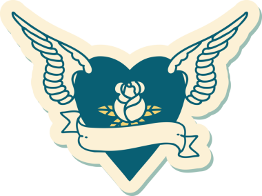 Geleneksel kalp tarzında bir dövme çıkartması. Kanatlarıyla bir insan tarafından çizilmiş bir gül ve bayrak.