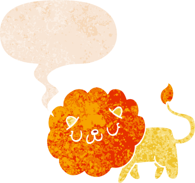 bir insan tarafından çizilmiş grunge sıkıntılı retro stili konuşma baloncuğu ile çizgi film aslanı