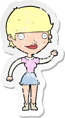 İnsan tarafından çizilmiş bir fikri olan karikatür bir kadının gerilimli retro yapıştırması.