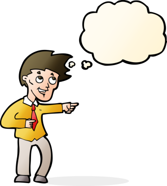 Bir insan tarafından çizilmiş düşünce baloncuğuyla işaret eden komik ofis adamı.