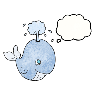 Serbest çizim düşünce baloncuğu desenli çizgi film balinası bir insan tarafından çizilmiş su püskürterek