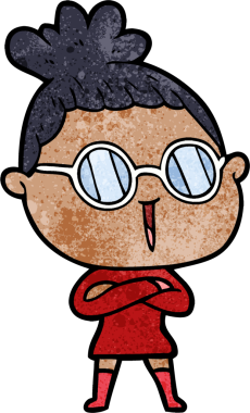 Bir insan tarafından çizilmiş gözlüklü bir karikatür kadın.