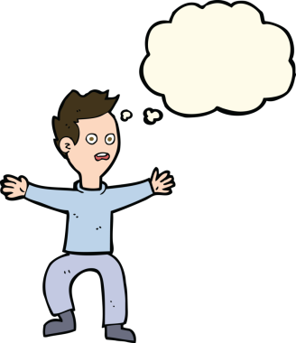 Bir insan tarafından çizilen düşünce baloncuğuyla panikleyen çizgi film adamı.