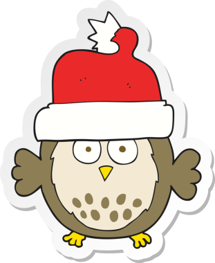 Bir insan tarafından çizilmiş Noel şapkası takan bir baykuşun çıkartması.