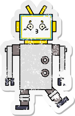 Bir insan tarafından çizilmiş sevimli bir robot çizgi film çıkartması.