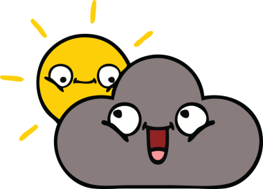 Bir insan tarafından çizilmiş bir fırtına bulutu ve güneş karikatürü.