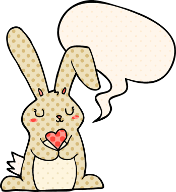 Çizgi roman tarzında bir insan tarafından çizilmiş konuşma balonuna aşık çizgi film tavşanı.