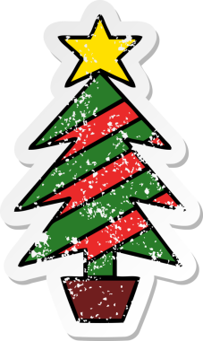 Bir insan tarafından çizilmiş şirin bir karikatür Noel ağacının sıkıntılı çıkartması.