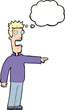 Bir insan tarafından çizilmiş düşünce baloncuğuyla dehşete düşmüş bir adam.