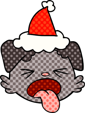 Bir insan tarafından çizilmiş Noel Baba şapkası takan bir köpek suratının el çizimi çizgi roman tasviri