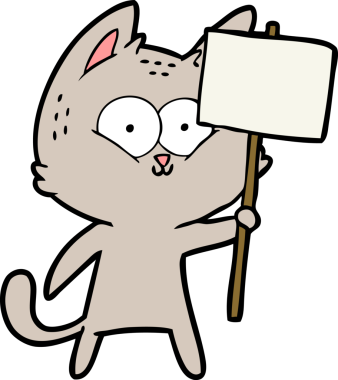 Bir insan tarafından çizilmiş pankartı olan çizgi film kedisi.