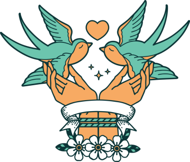 Geleneksel dövme, bağlı eller ve bir insan tarafından çizilmiş kırlangıçlar.