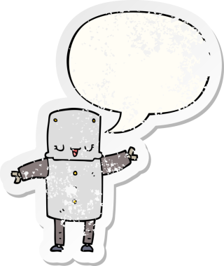 Konuşma baloncuğu olan karikatür robotu bir insan tarafından çizilmiş sıkıntılı eski bir çıkartma