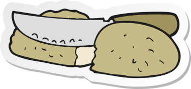 Bir insan tarafından çizilmiş ekmek dilimleyen bir çizgi film etiketi.