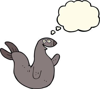 Bir insan tarafından çizilmiş düşünce baloncuklu mutlu fok.