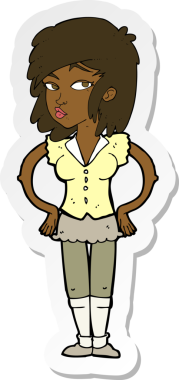 Çizgi film çıkartması. Güzel bir kadın. Elleri kalçasında bir insan tarafından çizilmiş.