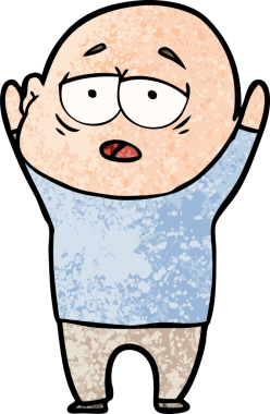 Bir insan tarafından çizilmiş yorgun, kel bir adam.