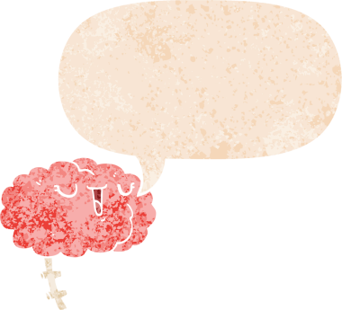 Mutlu çizgi film beyni, konuşma baloncuğu ile grunge sıkıntılı retro desen bir insan tarafından çizilmiş