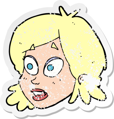 Bir insan tarafından çizilmiş, şaşırmış bir ifadeye sahip, karikatür kadın yüzünün gerilimli yapıştırması.