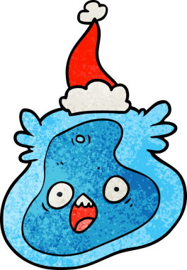 Bir insan tarafından çizilmiş Noel Baba şapkası takan bir bakterinin el yapımı çizgi filmi.