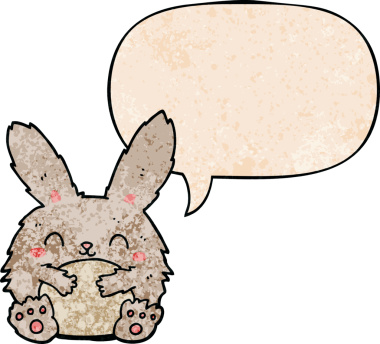 Konuşma baloncuğu olan sevimli çizgi film tavşanı insan tarafından çizilmiş.