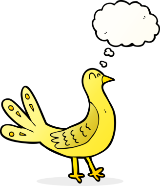 Bir insan tarafından çizilmiş düşünce baloncuklu çizgi film kuşu.