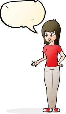 Bir insan tarafından çizilen konuşma baloncuğuyla açıklayan çizgi film kadını.