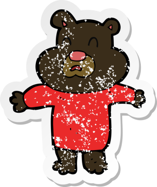 Bir insan tarafından çizilmiş mutsuz siyah ayı çizgi filminin kederli retro yapıştırması.