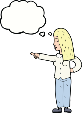 Bir insan tarafından çizilmiş düşünce balonuyla işaret eden çizgi film kadını.