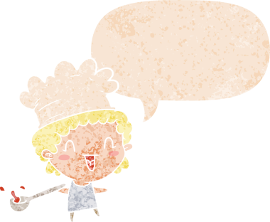 Konuşma baloncuğu olan karikatür şefi bir insan tarafından çizilmiş dertli retro tarzı