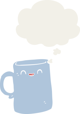 Düşünce baloncuklu çizgi film kupası insan tarafından çizilmiş.