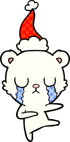 Ağlayan kutup ayısı eli bir insan tarafından çizilmiş Noel Baba şapkasının çizgi roman çizimi