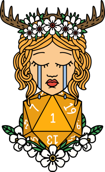 Retro Dövme Tarzı Ağlayan İnsan Druid Bir insan tarafından çizilmiş doğal bir D20 ruloyla