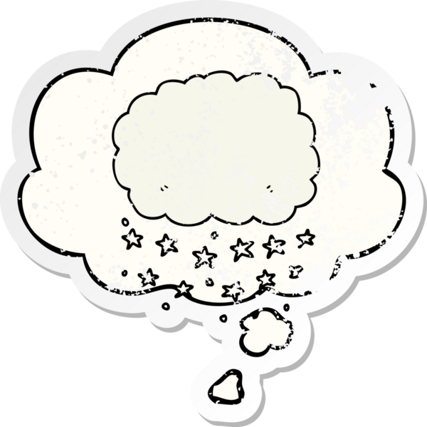 Düşünce baloncuklu karikatür yağmur bulutu insan tarafından çizilmiş yıpranmış bir çıkartma.