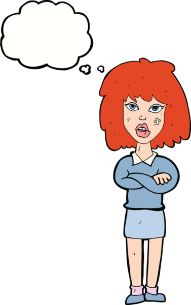 Bir insan tarafından çizilmiş düşünce kabarcığıyla kollarını kavuşturmuş sert kadın çizgi filmi.