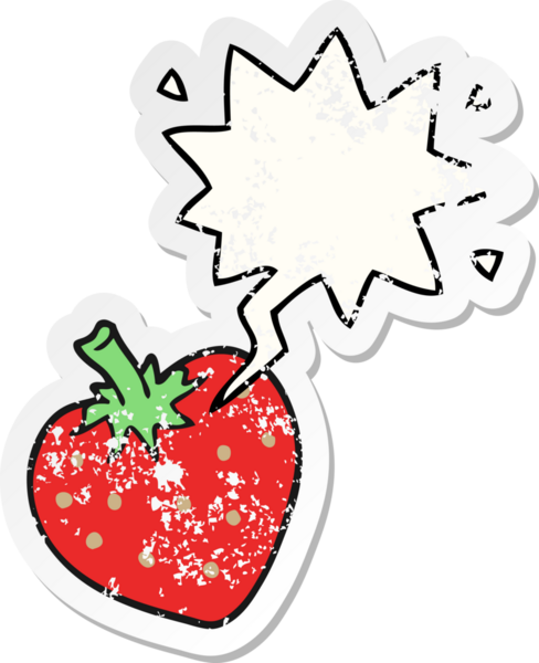 Konuşma balonlu karikatür çileği bir insan tarafından çizilmiş sıkıntılı eski bir çıkartma