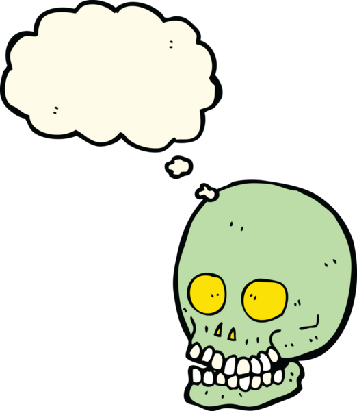 Bir insan tarafından çizilmiş düşünce baloncuklu bir kafatası.