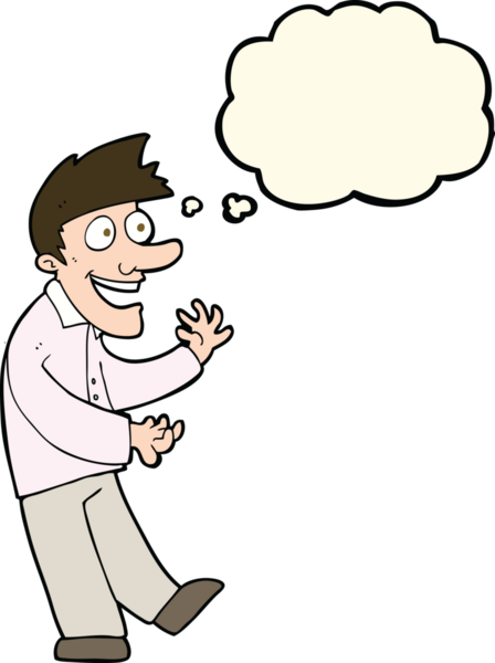 Bir insan tarafından çizilmiş düşünce baloncuğu ile heyecanlı bir adam.