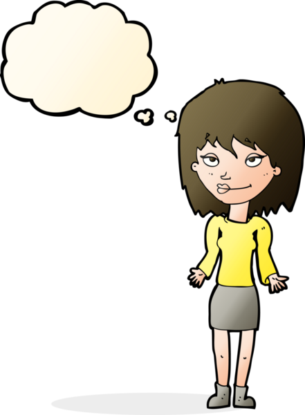 Bir insan tarafından çizilmiş düşünce baloncuğuyla omuz silken çizgi film kadını.