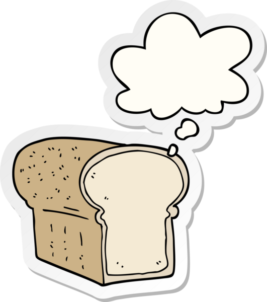 Düşünce baloncuklu bir somun ekmek bir insan tarafından çizilmiş bir çıkartma gibi.