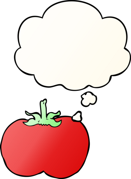 Düşünce baloncuklu çizgi film domatesi, bir insan tarafından çizilmiş düz eğimli bir şekil.